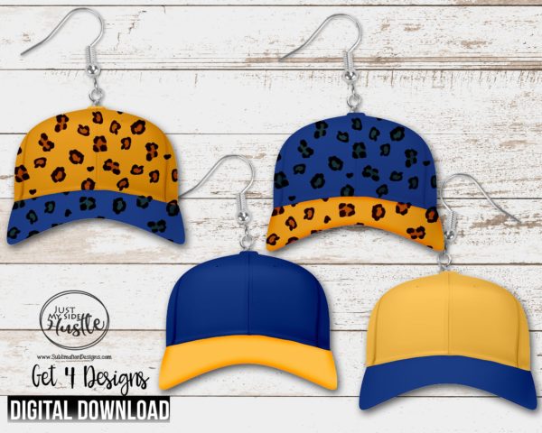 Blue and Gold Baseball Cap Png- Blue and Gold with Leopard Hat Print Sublimation Designs- Baseball Earring Template Instant download