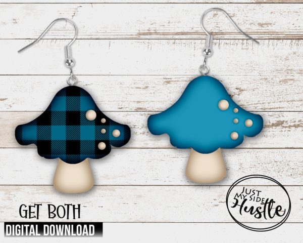 Blue GG Distressed Mushroom png -Black and Blue Plaid Mushroom earring Sublimation Designs- Mushroom Digital Download - Image 3