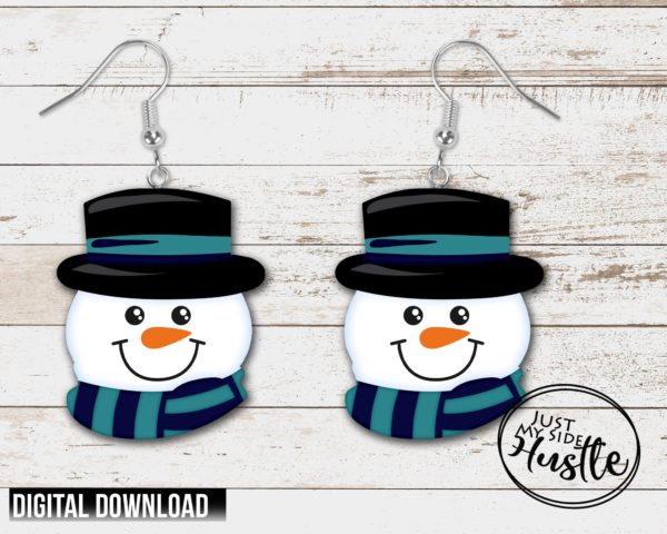 Blue Happy Snowman Sublimation Designs Template- Winter Snowman Earring Template -Christmas Ornament Template